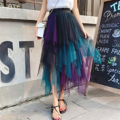 Fashion Summer Tutu Women Skirt Harajuku Tulle Bottom Faldas Casual High Waist Midi Mesh Skirts Woman Clothes Saia Jupe Femme