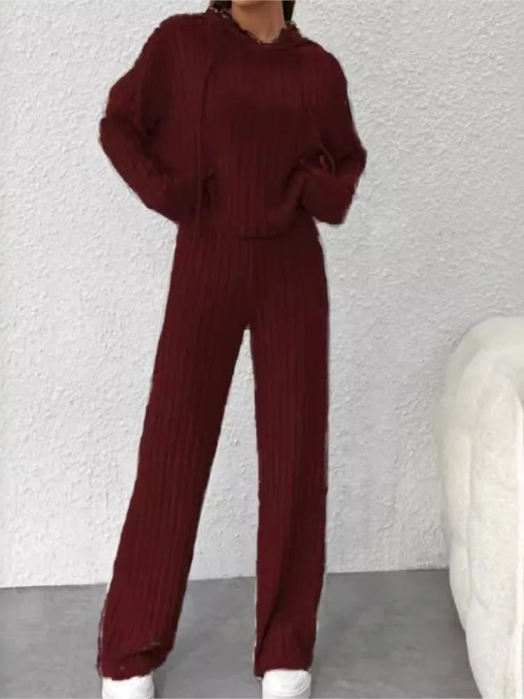 Spring Autumn Women's New Solid Color Casual Knitted Striped Hooded Sweatshirt Loose Long Sleeved Long Pants Two-piece Set