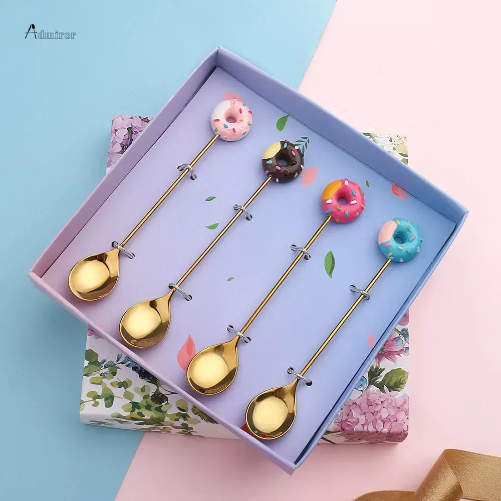 Stainless Steel Spoon Fork Cute Version Rainbow Lollipop Donut Macaron Dessert Spoons Fruit Forks Kids Set Kitchen Accessories