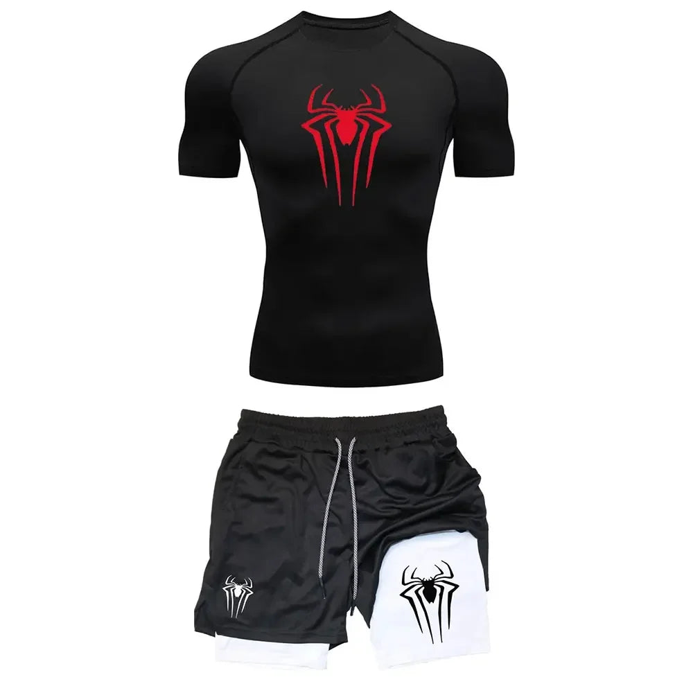 Men's Workout Compression Set Y2K Spider Printed Gym Tshirts Breathable Running Shorts Quick Dry Sports Rash Guard Sportwear Set