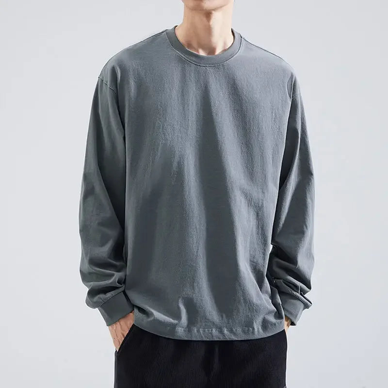 Men's Long Sleeve T-shirt Loose Fit Spring Autumn Sweatshirt Round Neck White Inner Base Layer Top Selling Fast