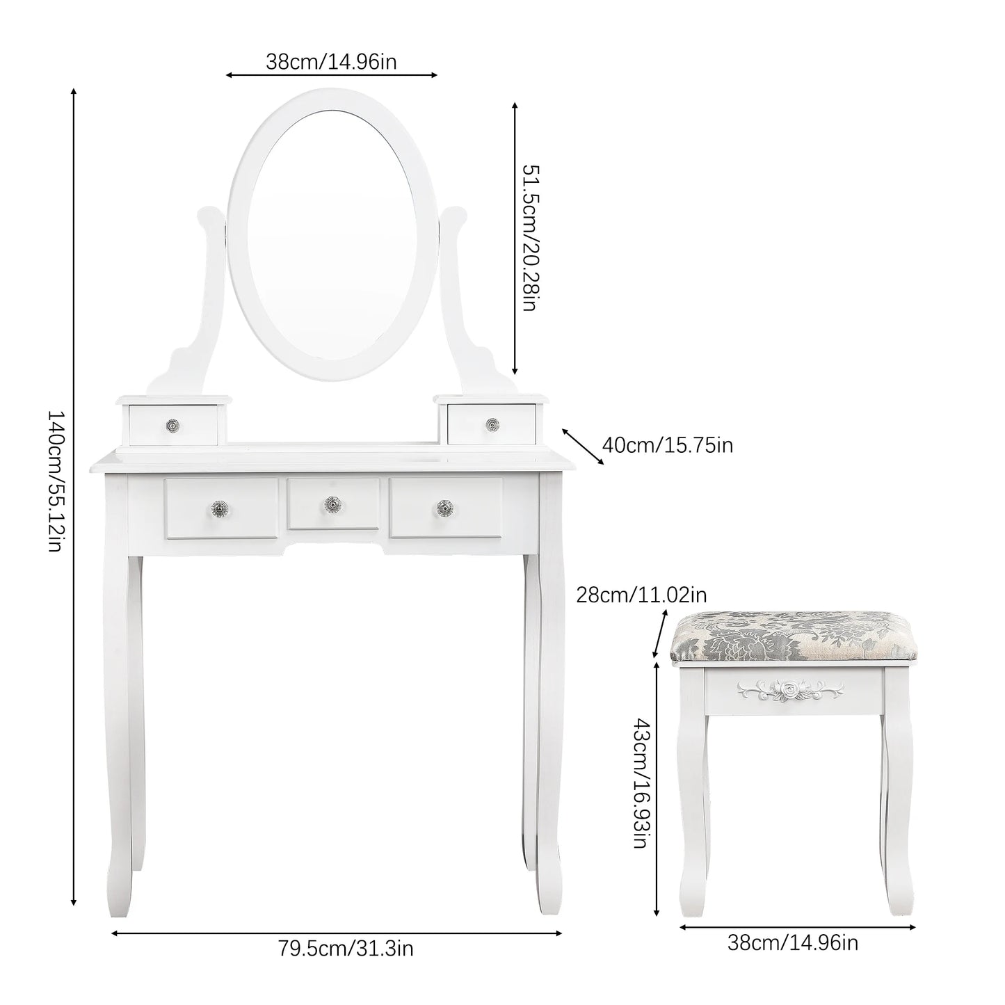 Modern Dressing Table with Round Mirror Cushioned Stool 5 Drawers Dresser Cosmetic Table Makeup Vanity Table Bedroom Furniture