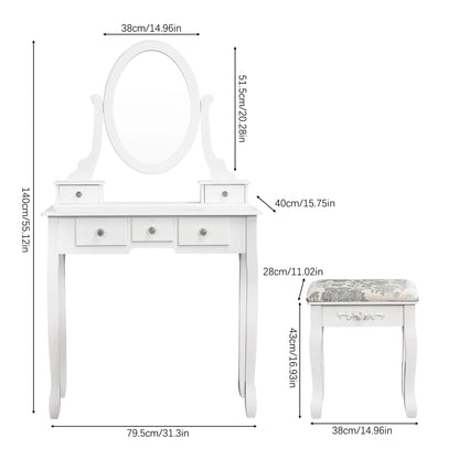 Modern Dressing Table with Round Mirror Cushioned Stool 5 Drawers Dresser Cosmetic Table Makeup Vanity Table Bedroom Furniture