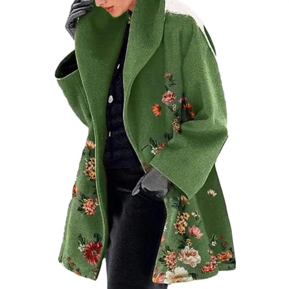 2023 Winter Women Elegant Blend Wool Coat Autumn Street Lady Long Cardigan Coats Fashion Floral Print Pocket Long Sleeve Jacket