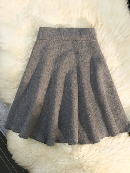 Syiwidii Skirts for Women Knitted Ruffled Vintage Solid Casual Elastic Waist Skirts 2024 Elegant Female A-Line High Waist Skirts