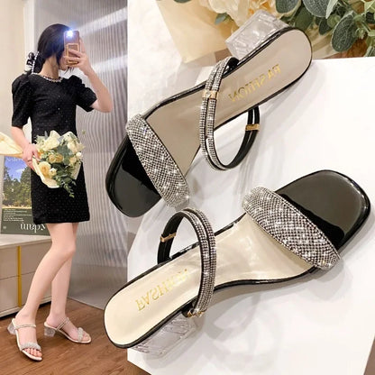 Shiny Gold Silver Women's Sandals Summer 2024 Crystal High Heels Party Shoes Woman Comfortable Thick Heel Slides Sandalias Mujer