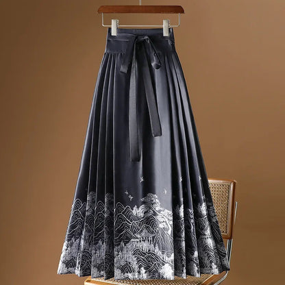 Maxi Chinese Style Horse Face Skirts Women Hanfu Vintage Harajuku Saia Casual Long Print Pleated Skirt Woman Clothing Faldas