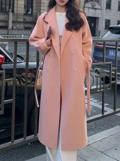 Korean Fashion Women Casual Loose Woolen Coat Elegant and Chic Solid Outerwear Long Overcoat with Belted Female Warm Cloak