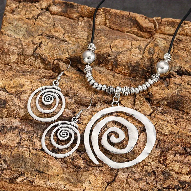 1 Pair of Earrings + 1 Necklace Boho Style Jewelry Set Retro Spiral Design  Party Accessories Tribal Jewelry