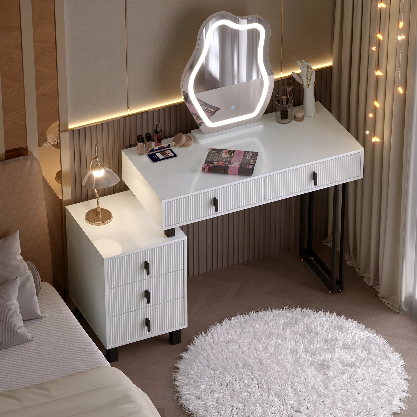 WOLTU Dresser Vanity Dressing Table with Lighting Adjustable Brightness Irregular Mirror 5 Drawers Side Shelf Makeup Desk