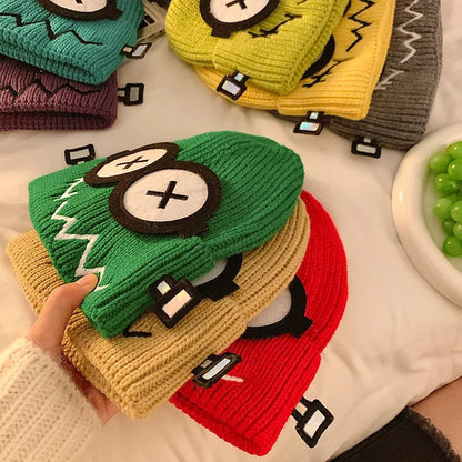 Kpop Cute Cartoon Cuff Beanie Cap Women's Candy Color Big Eyes Smile Skullies Hat Fashion Streetwear Student Warm Winter Knitted