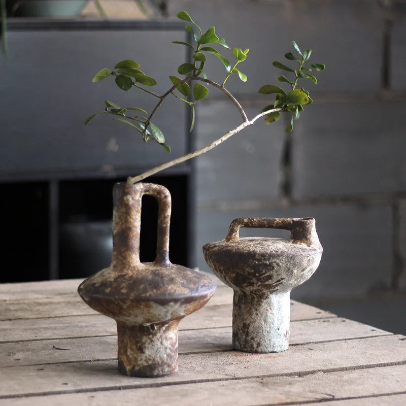 Ceramic Vase Rough Pottery Vase Flower Arrangement Vintage Handmade Wabi-Sabi Style Dried Flowers Zen Arrangement