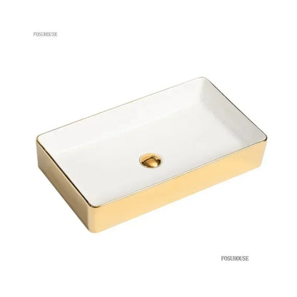 Luxury Gold Ceramic Tabletop Bathroom Sinks Home Hotel European Minimalist Household Washbasin Square Bathroom Wash Basins d