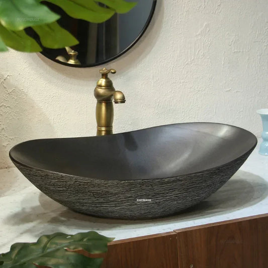 Creative Bathroom Sink Art Ceramic Wash Basin Simple Above Counter Basin Black Retro Home Small Single Basin Bathroom Fixtures P