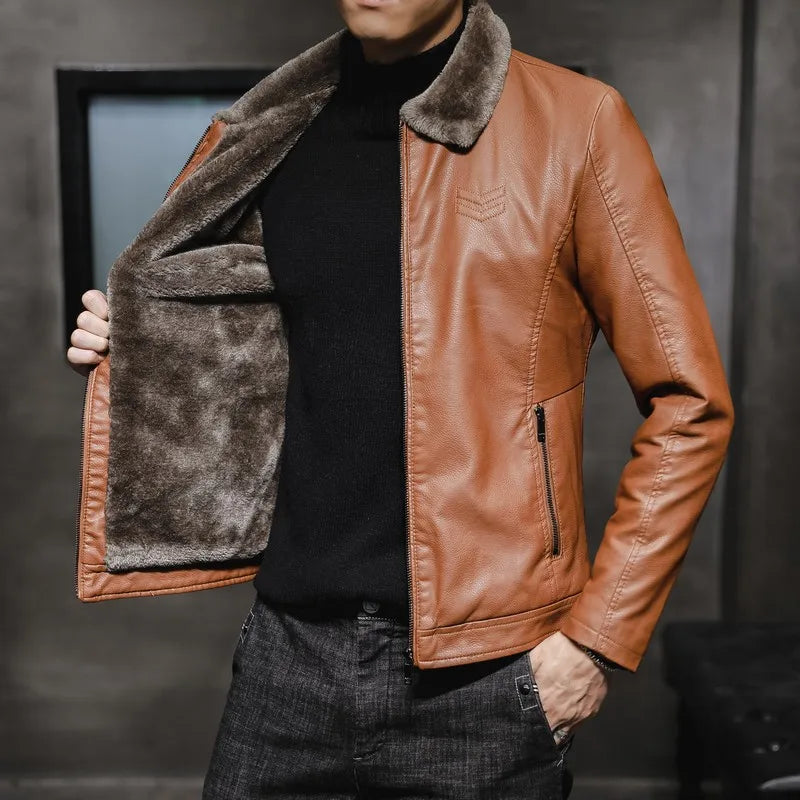 New Men's Leather Jacket Autumn and Winter Lapel Collar Middle-aged and Elderly Men's Clothing with Thick Velvet and Trend