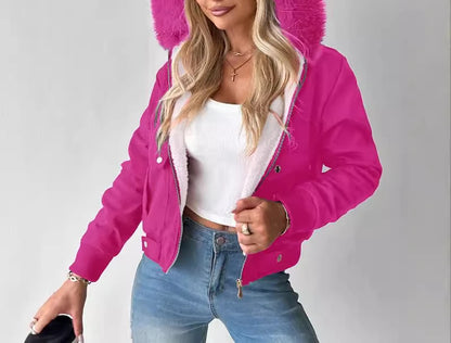 Fashion Coat Women Streetwear 2024 Autumn/Winter Versatile Casual Zipper Thickened Long Sleeves Hooded Short Jacket for Female