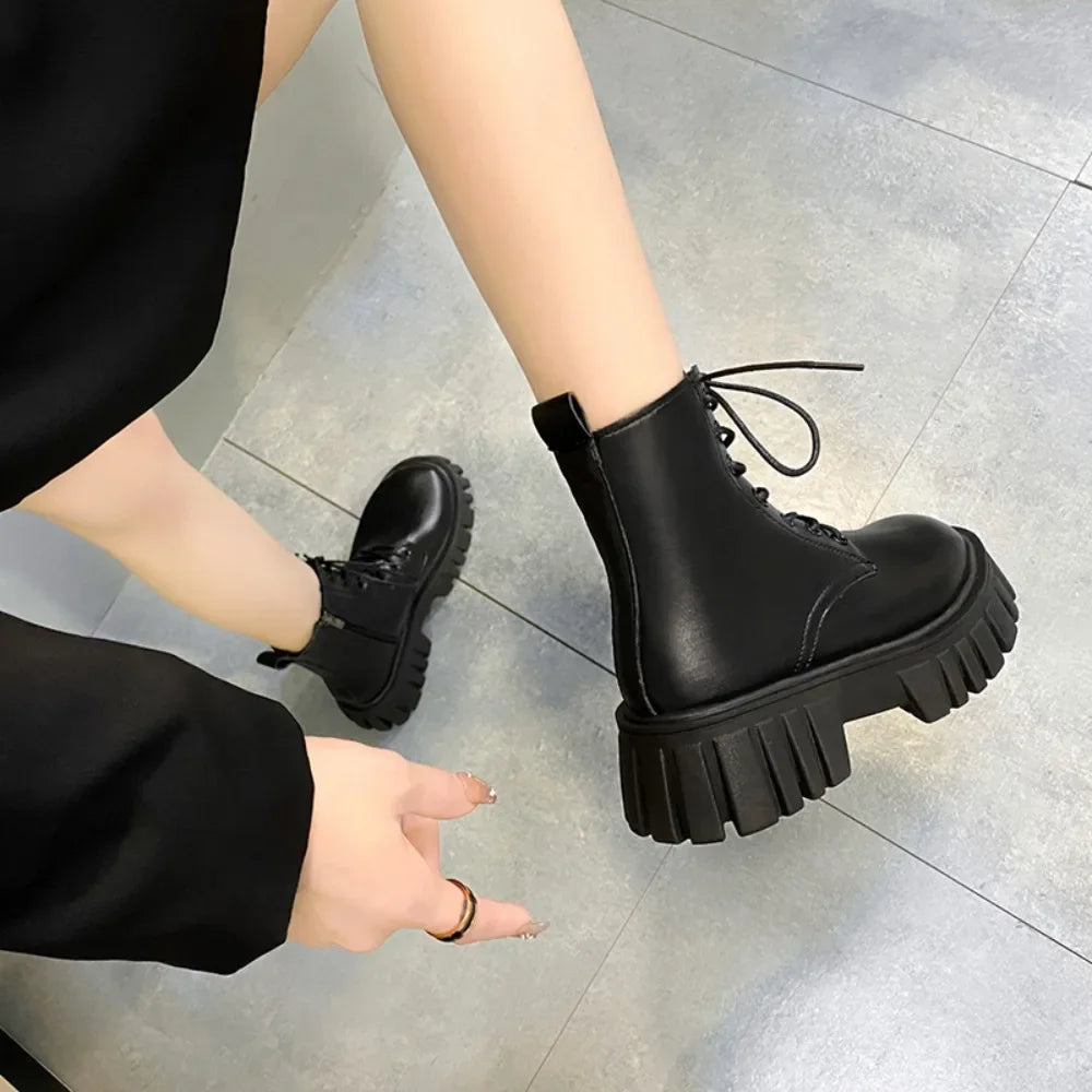 Chunky Platform White Ankle Boots Women Autumn Winter Pu Leather Booties Mujer Punk Thick Bottom Motorcycle Boots size 35-42