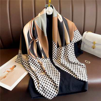 90*90Cm Square Scarf Twill Silk Feeling Women Head Shawls and Wraps Luxury Hair Tree Print Neck Scarves Hijab Bandana Pashmina