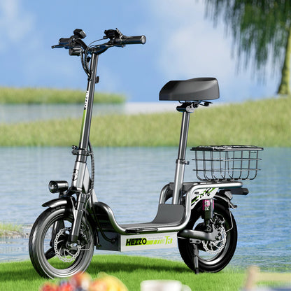 HEZZO Foldable Electric Scooter Seat & Basket 48V 15Ah 500W Full Suspension Powerful T3 Commute Escooter 20Mph 37Miles LongRange