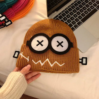 Kpop Cute Cartoon Cuff Beanie Cap Women's Candy Color Big Eyes Smile Skullies Hat Fashion Streetwear Student Warm Winter Knitted