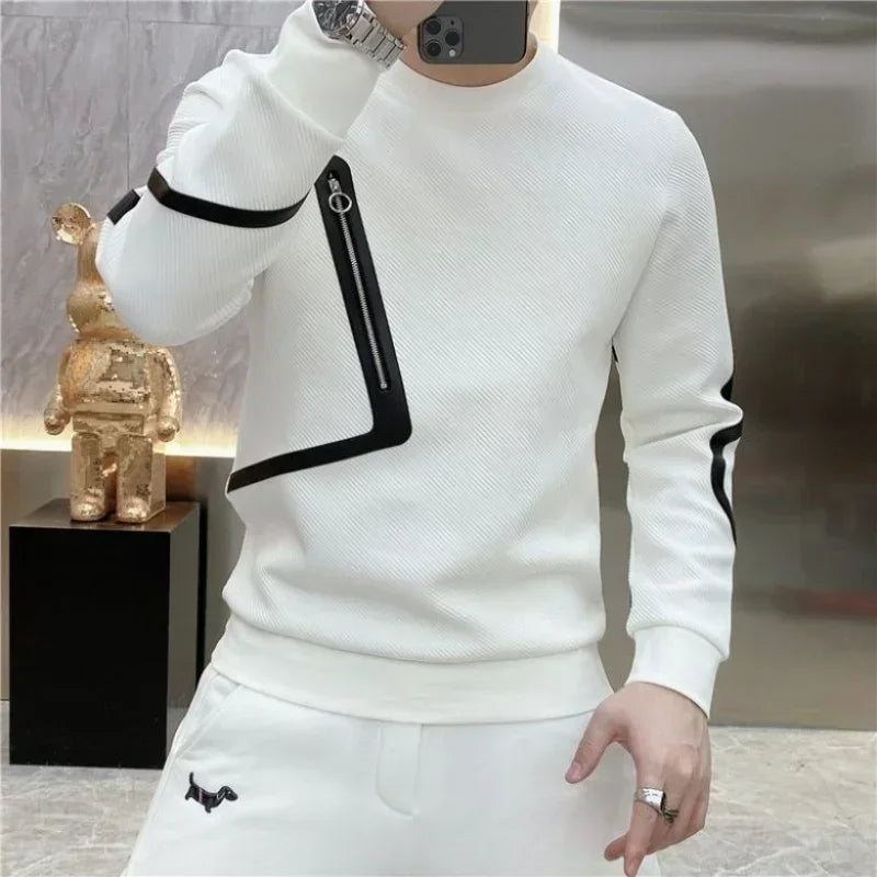 Spring Autumn High Quality Luxury Men's Round Neck T-shirt Male Clothes TrendSlim Long Sleeve Jacquard Pullovers Tops for Men