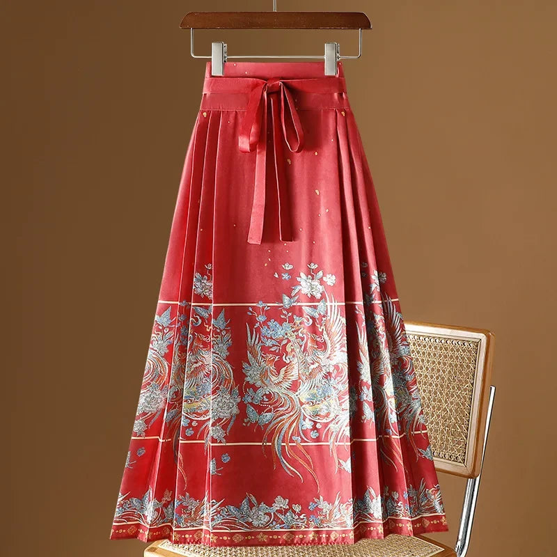 Maxi Chinese Style Horse Face Skirts Women Hanfu Vintage Harajuku Saia Casual Long Print Pleated Skirt Woman Clothing Faldas