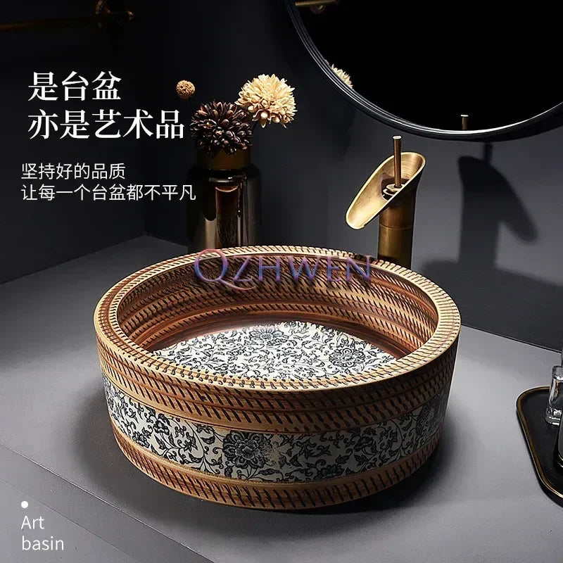 41*41*14cm European style Ceramic Washbasin Retro Printing Bathroom Sink Countertop Round Bowl Basin with Hardware Faucet Set