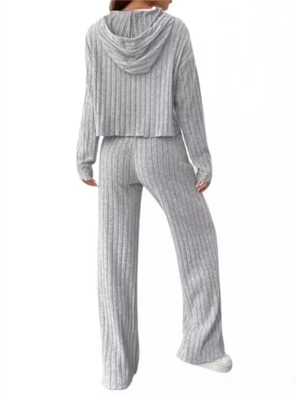 Spring Autumn Women's New Solid Color Casual Knitted Striped Hooded Sweatshirt Loose Long Sleeved Long Pants Two-piece Set