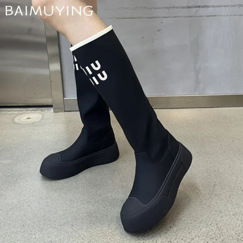 Platform Women Knee High Boots Flats Fashion Winter Leather Shoes Woman 2024 Trend New Goth Casual Snow Chelsea Botas De Mujer