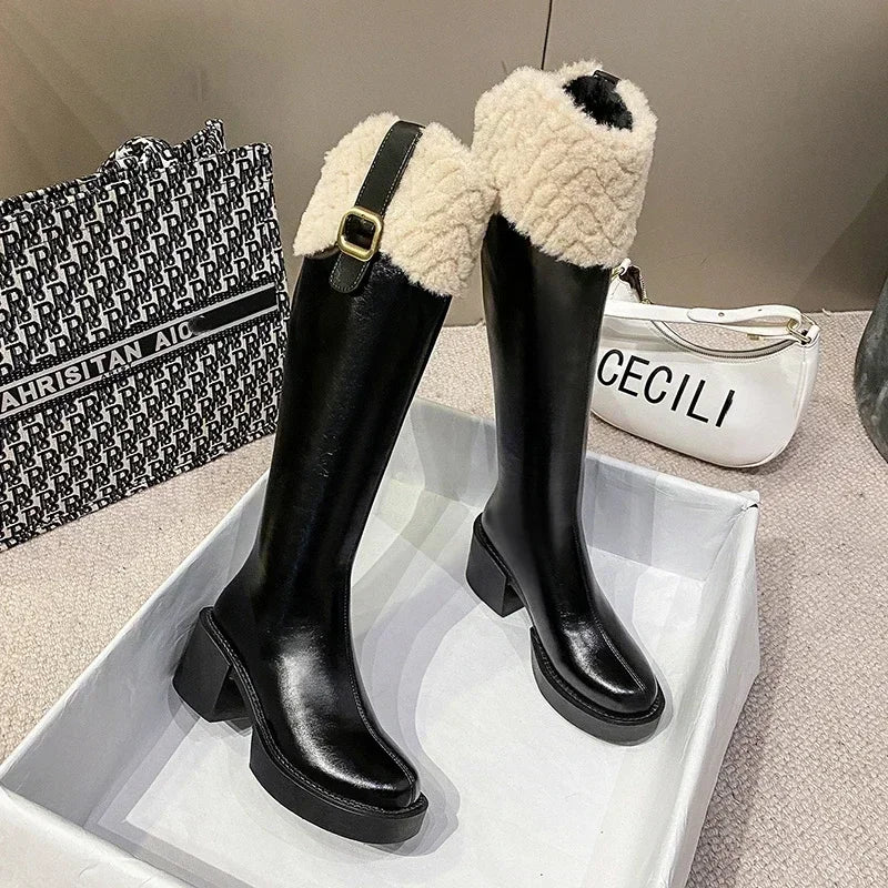 Winter Knee High Brown Long Boots Comfort Square Heel Zip Belt Buckle Platform Boots for Women  Plush Edge Warm Gothic Shoes