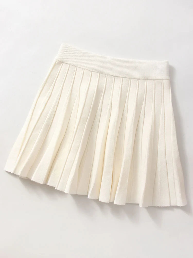 Knit Pleated Mini Skirt White For Women Spring A Line Short Skirt Woman Elastic Waist Women Knitted Black Mini Pleated Skirt