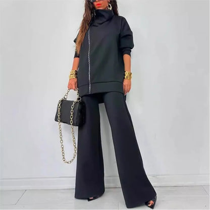 Fashion Zipper Lapel Casual Long Sleeved Hoodie Women's Suit Winter New Loose Wide Leg Pants Female Elegant Office 2 Piece Set