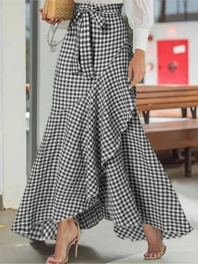 Spring Autumn Women Long Skirt High Waist Lace-up Ruffle Trim Plaid Print Bow Tie Irregular Hem Maxi Skirt Female 2024 New