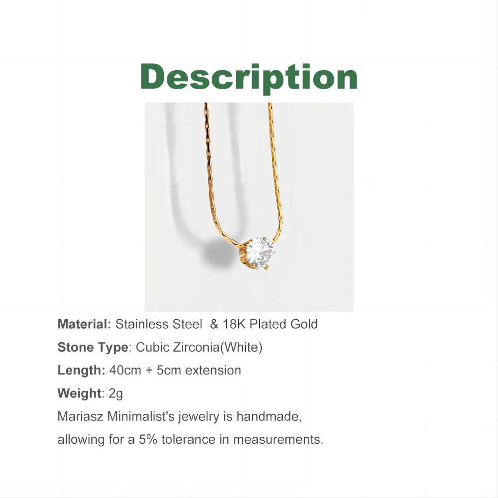 Gold Plated Stainless Steel Dainty Minimalist Zircon Charm Anti Tarnish Chain Round Clear Cz Stone Necklace for Women Jewelry