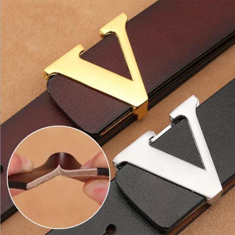 High Quality Smooth Buckle Belt Men's Genuine Leather Pure Cowhide Letter V Jeans Belt for Men Women Luxury Male Belt Designers