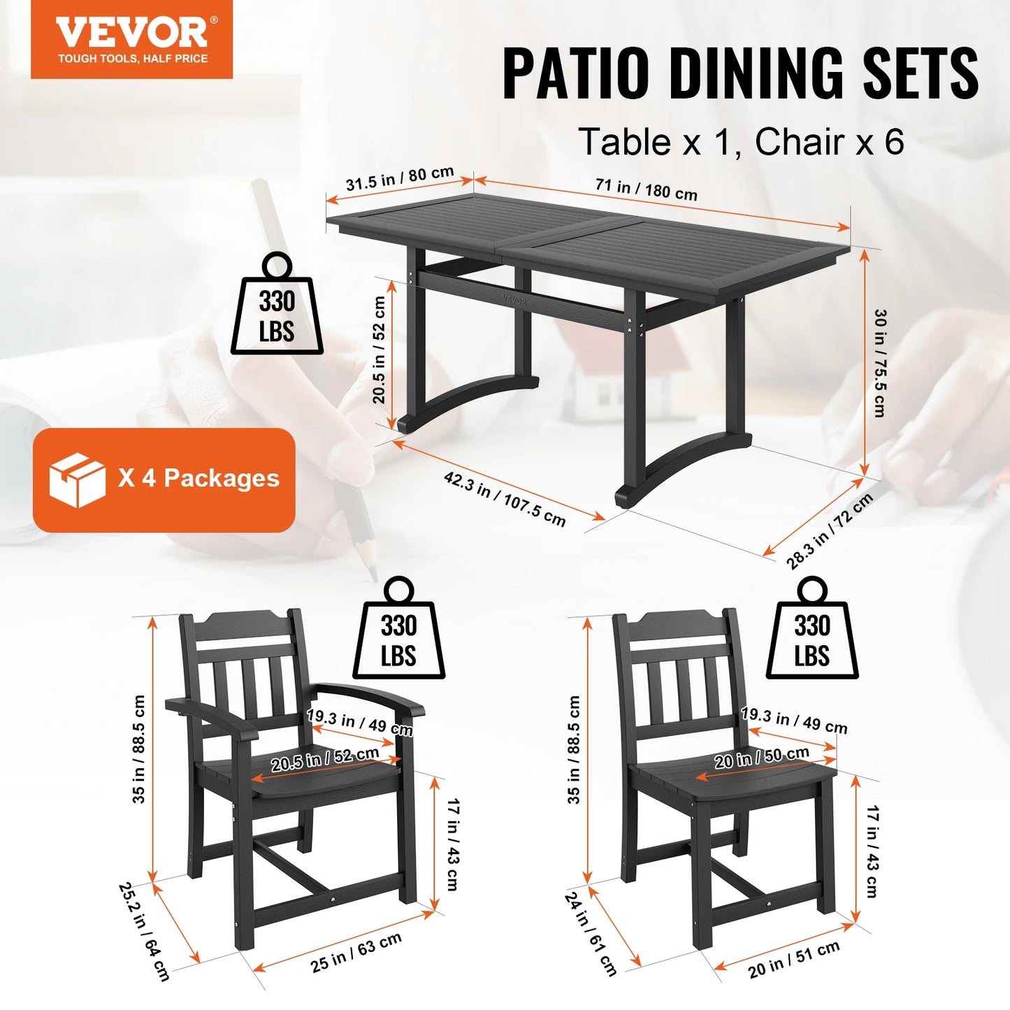 VEVOR 7 Piece Patio Table and Chairs Set Portable Padded Patio Chairs and 1 Rectangle Dining Table Lawn Deck Backyard Garden