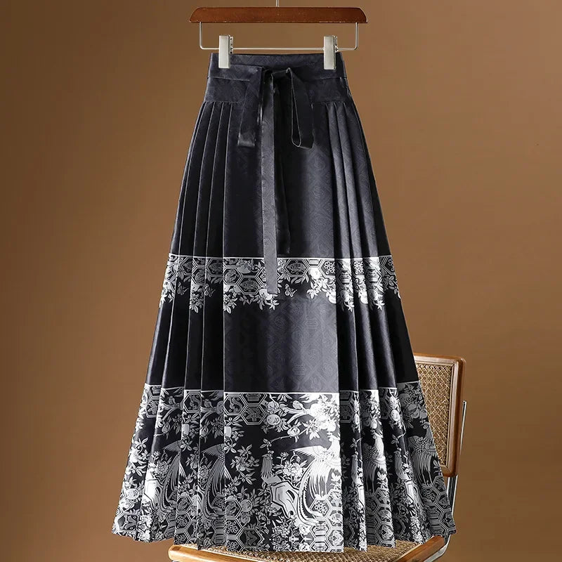 Maxi Chinese Style Horse Face Skirts Women Hanfu Vintage Harajuku Saia Casual Long Print Pleated Skirt Woman Clothing Faldas