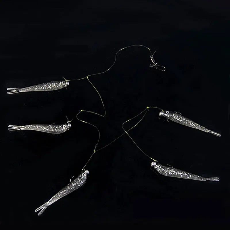 5pcs Fishing Bait Cluster Lure Soft Bait 3D Eyes Head Tail Wobbler Simulation Fishing Bait Sea Bass Fishing Accessories