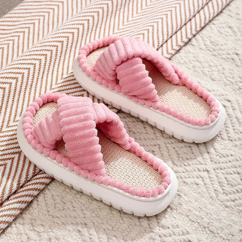 New Women Home Slippers 2023 Autumn Winter Open-Toe Cross Band Linen Soled Indoor Slides Linen Soled Non-Slip Bathroom Slippers