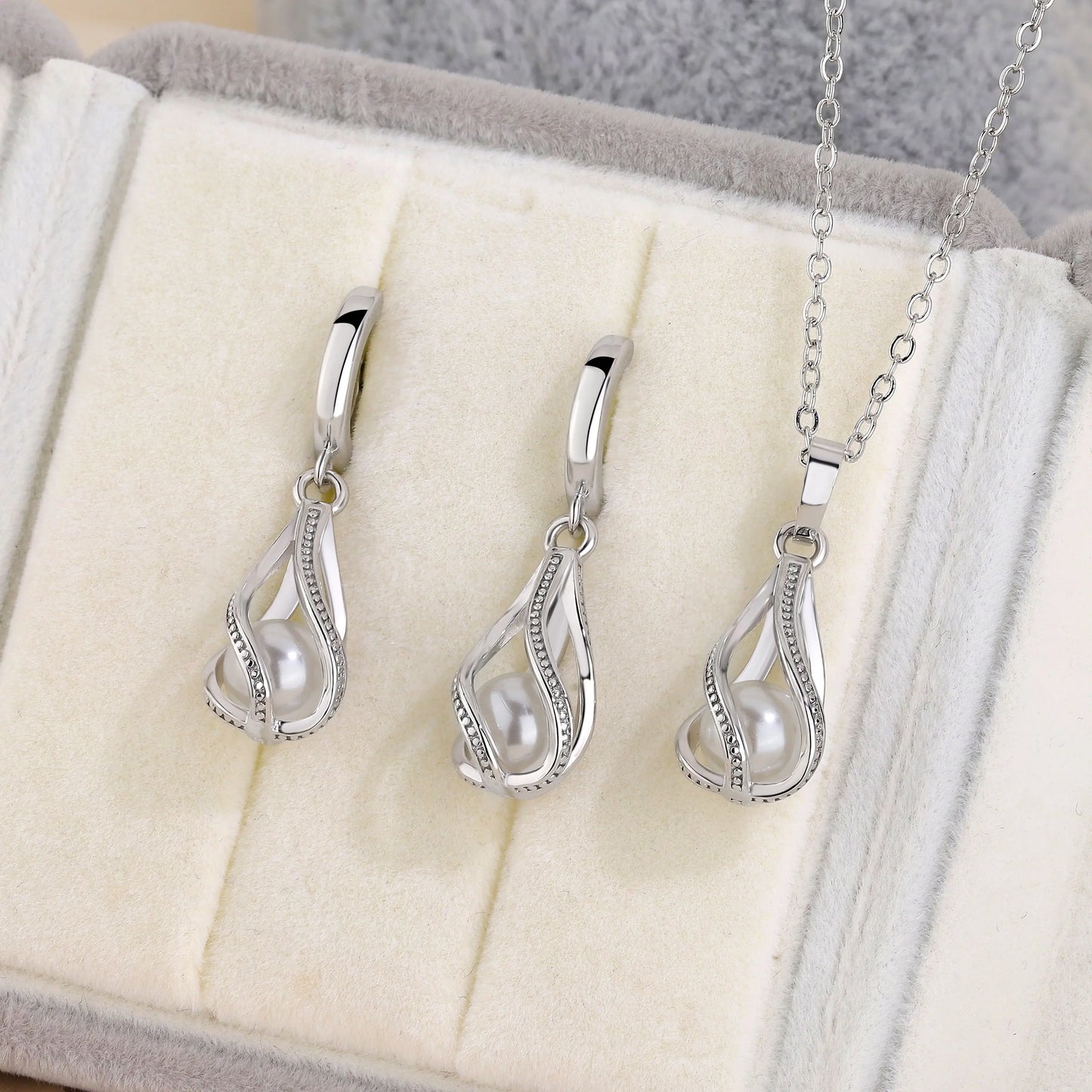 Romantic White Pearl Water Drop Shape Jewelry Set Hollow Water Wave Teardrop Pendant Necklace Hoop Earrings for Women Gift