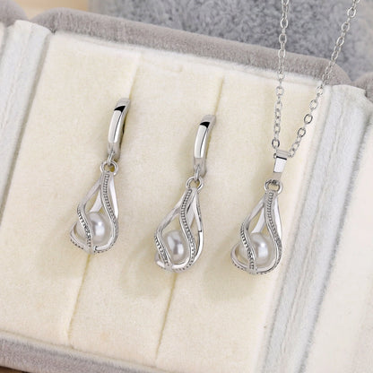 Romantic White Pearl Water Drop Shape Jewelry Set Hollow Water Wave Teardrop Pendant Necklace Hoop Earrings for Women Gift