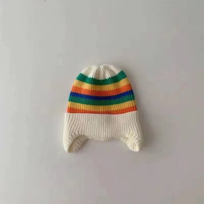 Winter Baby Knit Hat Korean Striped Rainbow Kids Beanie 1-4Year Boy Girl Warm Ear Protection Cap Colorful Children Earmuffs Caps