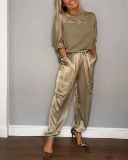 For Women Spring Summer Fashion Solid Color Satin Two Piece Set New O Neck Long Sleeve Top Long Pants Casual Loose Two Piece Set