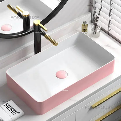 Nordic Rectangular Bathroom Sinks Pink Wash Basins Single Basin Small Size Bathroom Washbasins Nordic Kitchen Washing Sinks ZXC