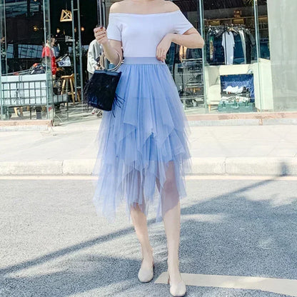 Fashion Summer Tutu Women Skirt Harajuku Tulle Bottom Faldas Casual High Waist Midi Mesh Skirts Woman Clothes Saia Jupe Femme