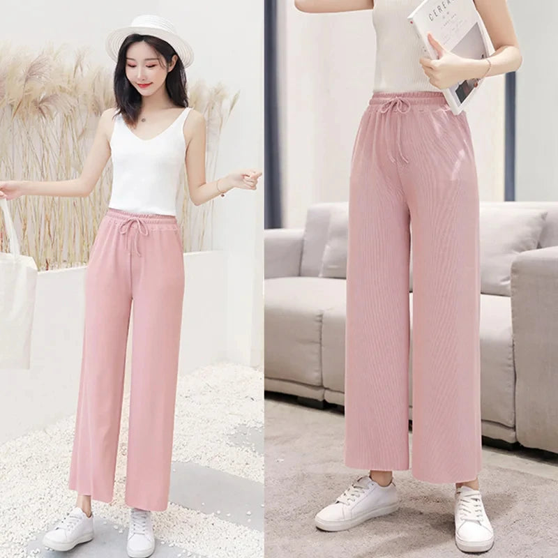 Women Wide Leg Long Pants Casual Solid Elastic Waist Loose Ankle-Length Ice Silk Pants Spring Summer Straight Female Trousers