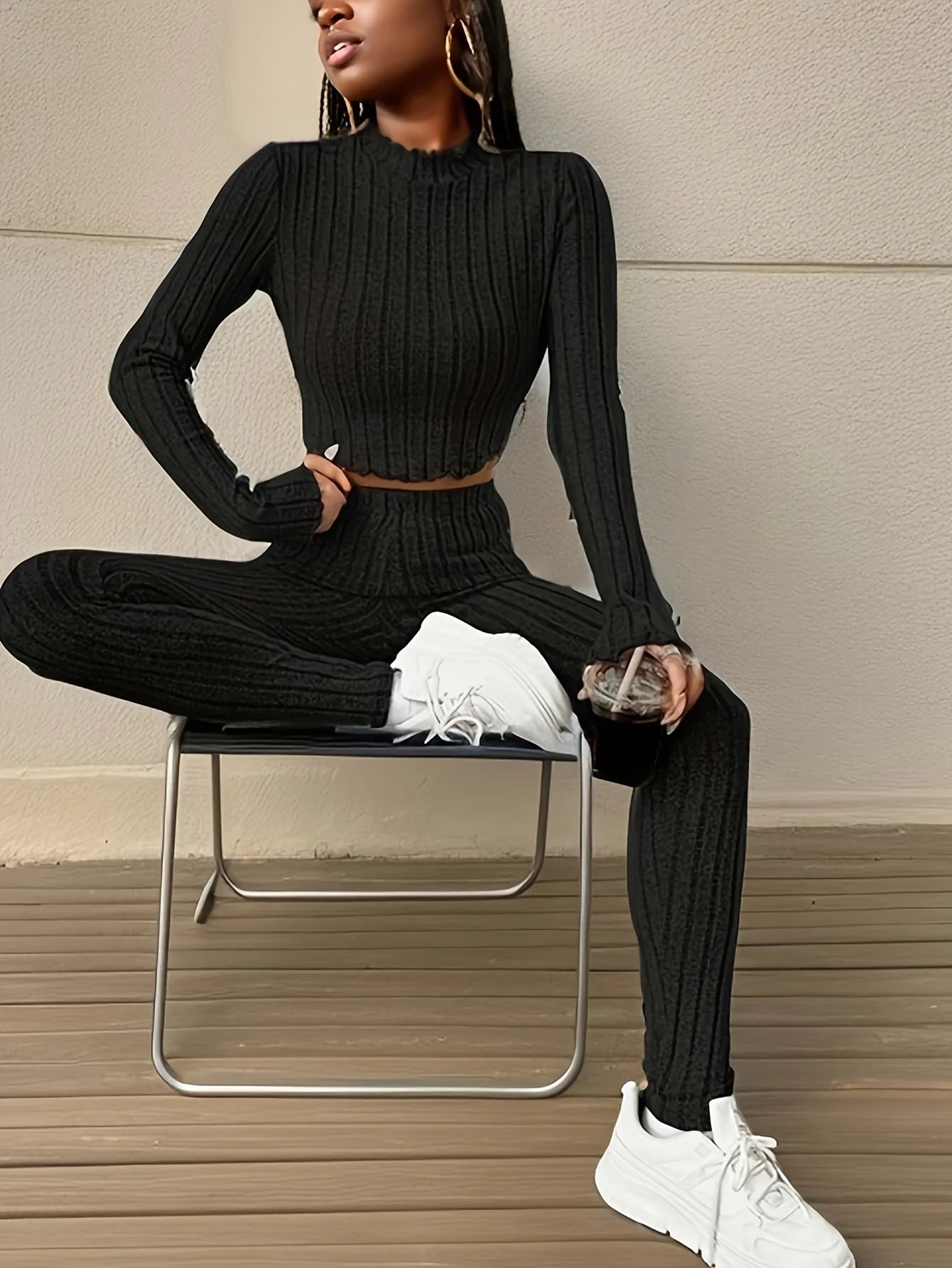 Casual Ribbed Two-piece Set, Lettuce Trim Mock Neck Long Sleeve Top & Elastic Waist Pants Outfits Women's Clothing