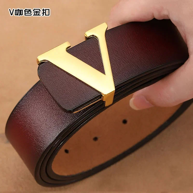 High Quality Smooth Buckle Belt Men's Genuine Leather Pure Cowhide Letter V Jeans Belt for Men Women Luxury Male Belt Designers