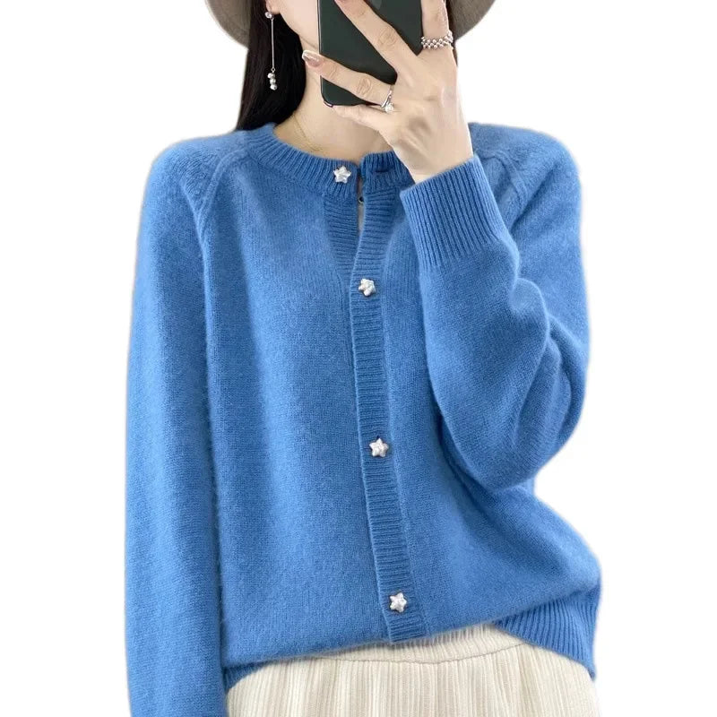 2024 New Women's Cardigan Sweater Idle Style Round Neck Star Button Knit Base Jacket Wholesale Price Quality Knitwear