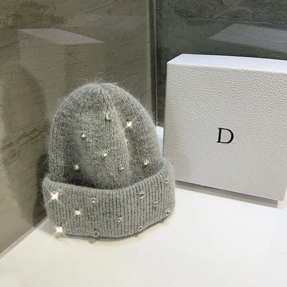 Luxury Rhinestone Beads Knitted Hat Korean Women Rabbit Fur Wool Skullies Cap Winter Fashion Thickened Warm Bonnet Beaanies